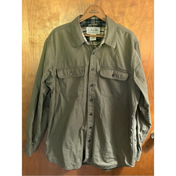 L.L. Bean Olive Green Men's Flannel Lined Hurricane Button Down Shirt Large Work - Picture 1 of 14